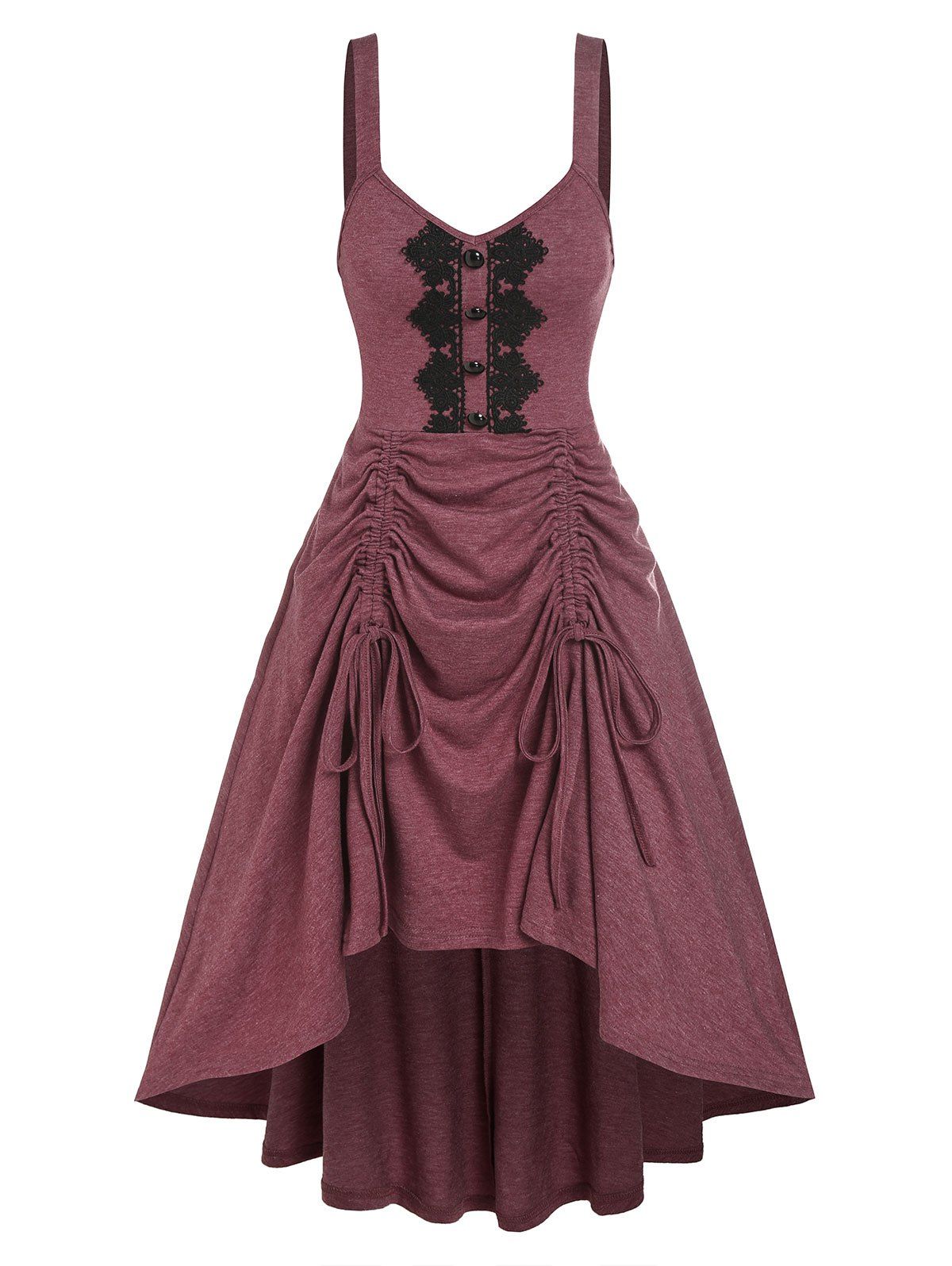 Sleeveless Lace Panel Cinched High Low Dress - DEEP RED L