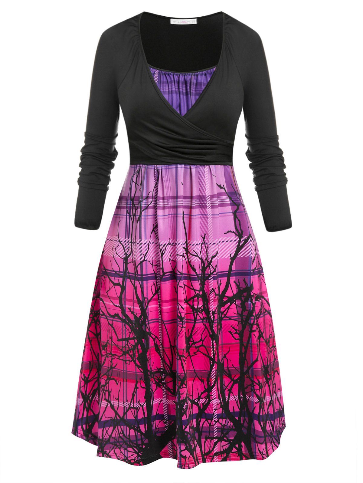 Plus Size Ombre Plaid Branch Print Cami Dress with Wrap T Shirt - multicolor 3X