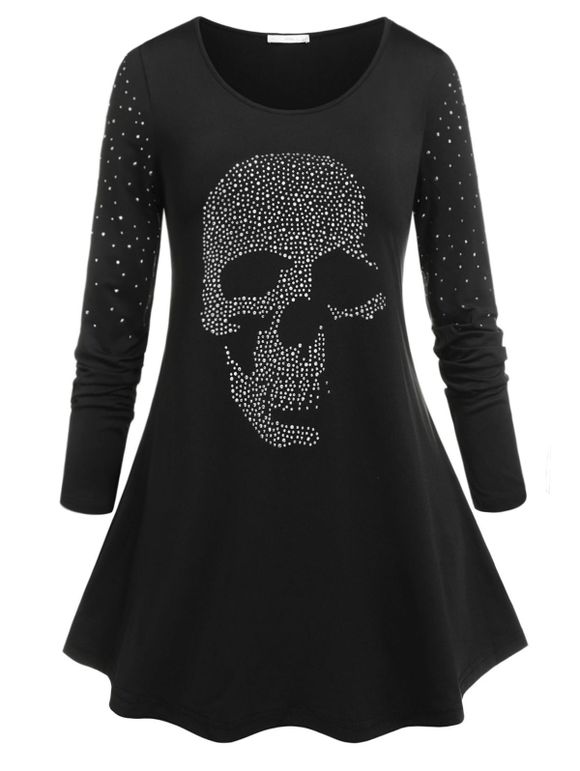 T-shirt Imprimé Crâne Strass Halloween de Grande Taille - Noir 5X
