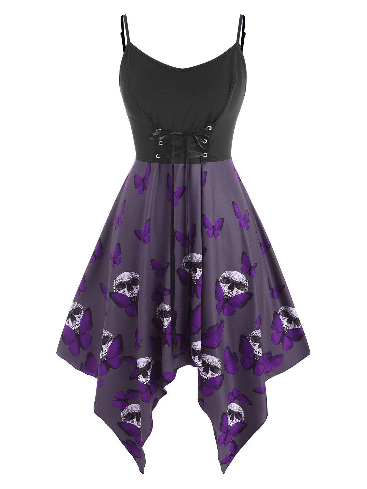 Lace Up Butterfly Skull Halloween Plus Size Cami Dress - PURPLE 1X