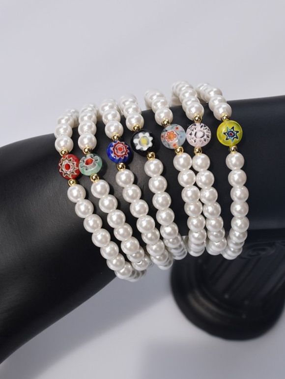 Bracelet Elastique avec Fausse Perle 7 Pièces - Blanc 