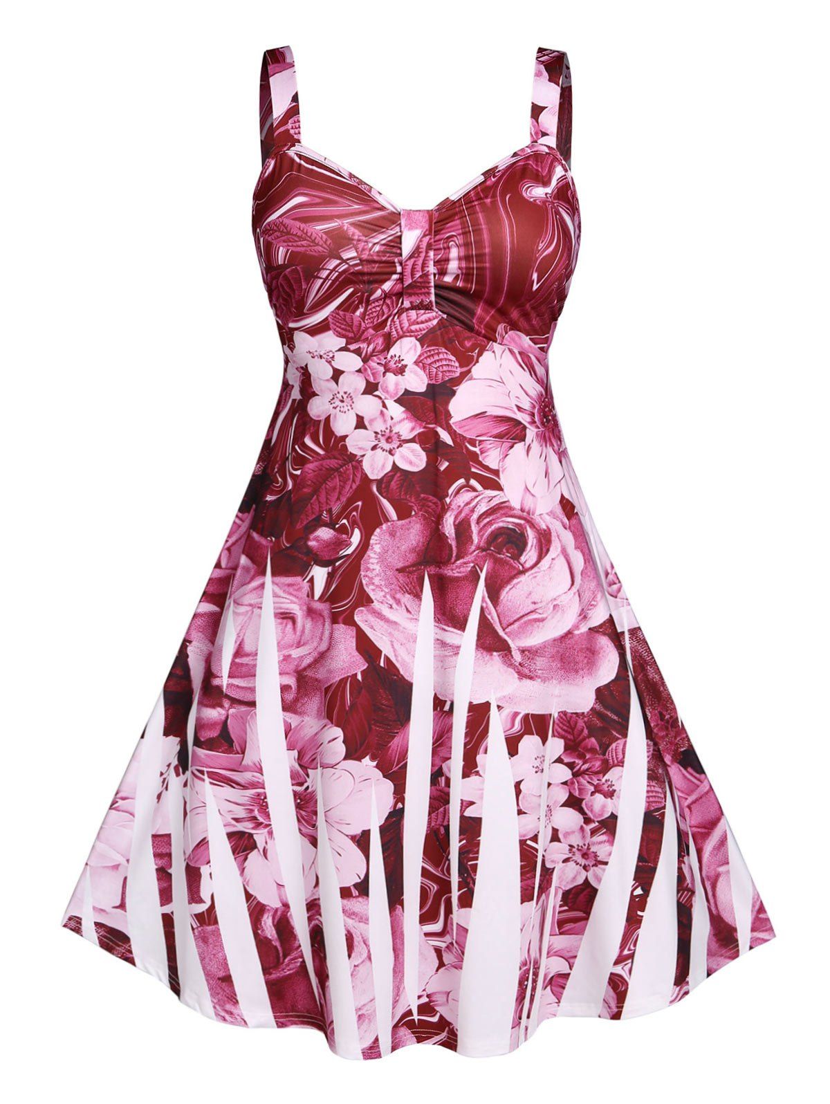 Plus Size Flower Print Midi A Line Backless Dress - DEEP RED 3X