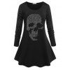 T-shirt Imprimé Crâne Strass Halloween de Grande Taille - Noir 1X