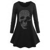 Plus Size Rhinestone Skull Print Halloween Tee - BLACK L