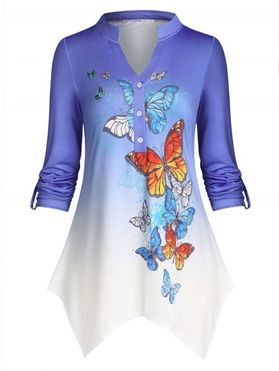 Plus Size Ombre Butterfly Print Hanky Hem Roll Sleeve Top
