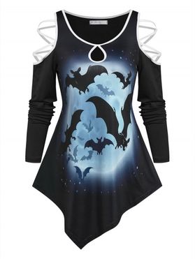 Moon Bats Print Cold Shoulder Asymmetrical T-shirt