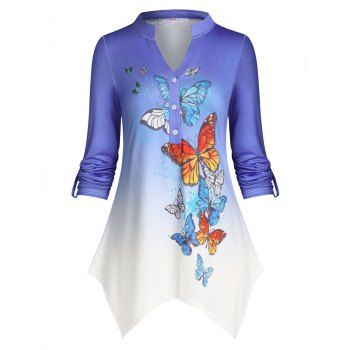 

Plus Size Ombre Butterfly Print Hanky Hem Roll Sleeve Top, Light blue