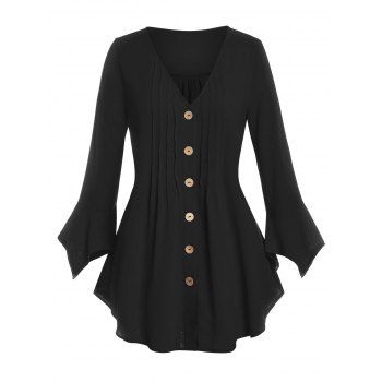 

Plus Size Ruffle Cuff Pintuck Button Up Blouse, Black