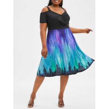 

Cold Shoulder Galaxy Print Surplice Dress, Black