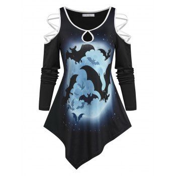 

Moon Bats Print Cold Shoulder Asymmetrical T-shirt, Black