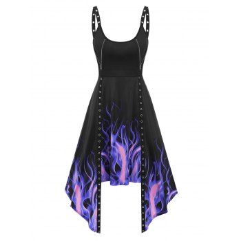 Eyelets Fire Print Asymmetric Dress, Black