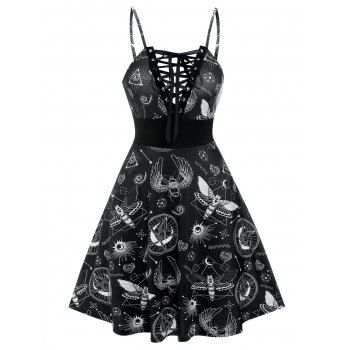 

Plunge Lace Up Full Print Dress, Black