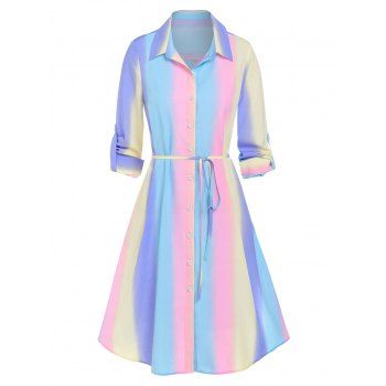 

Pastel Ombre Rainbow Rolled Up Sleeve Button Up Shirt Dress, Multicolor