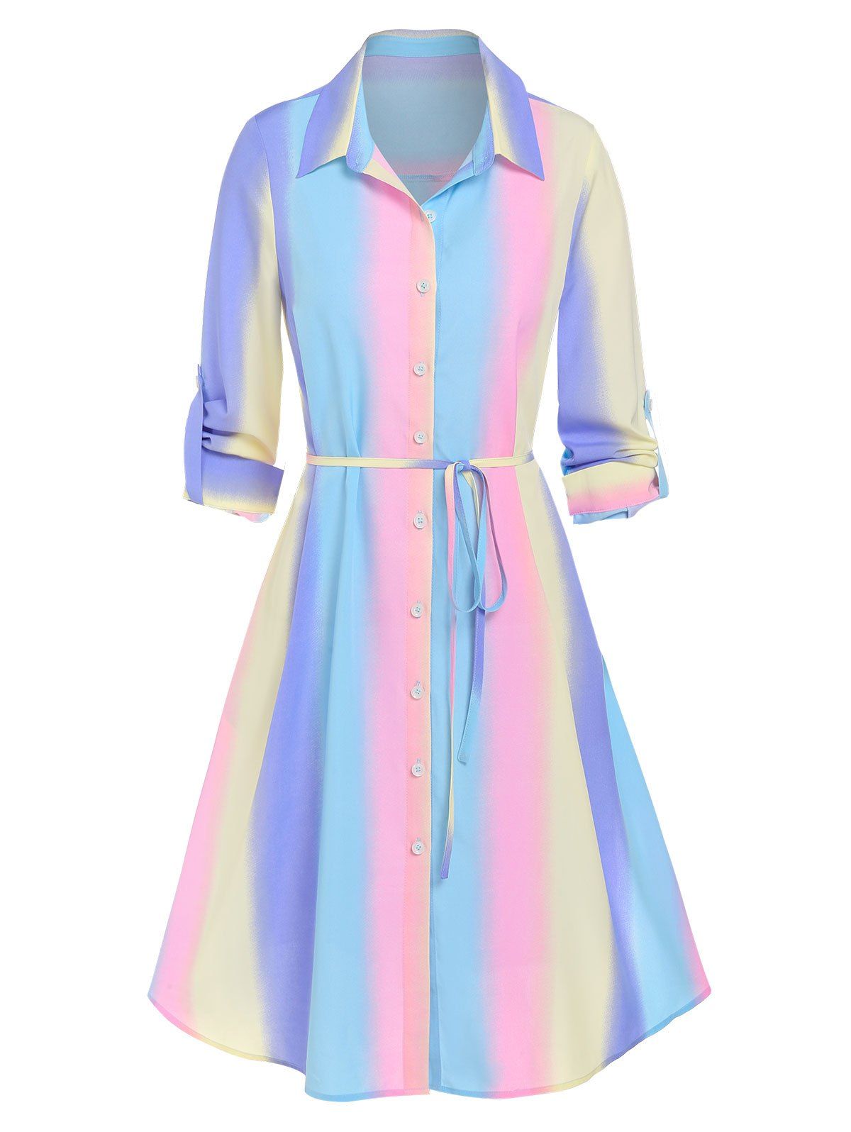 Robe Chemise à Rayure Arc-en-ciel Ceinturée à Manches Retroussées - multicolor XXL