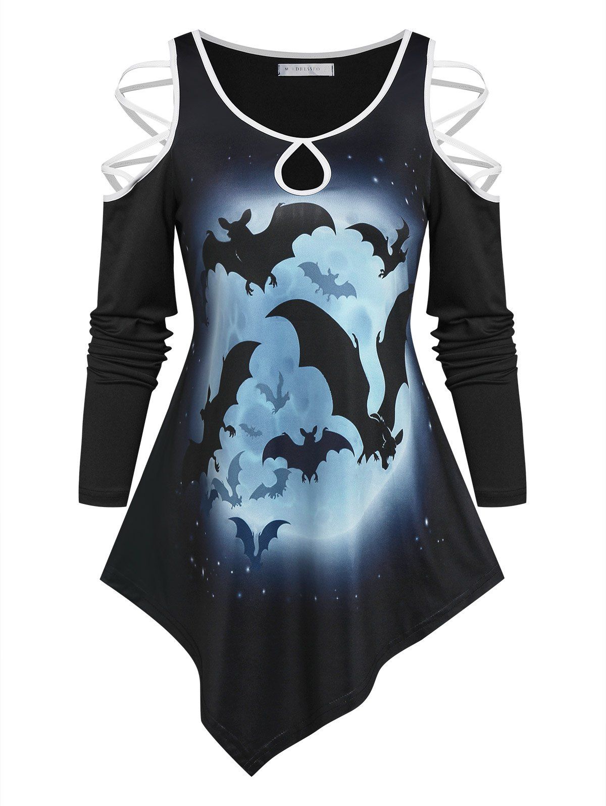 Moon Bats Print Cold Shoulder Asymmetrical T-shirt - BLACK XL