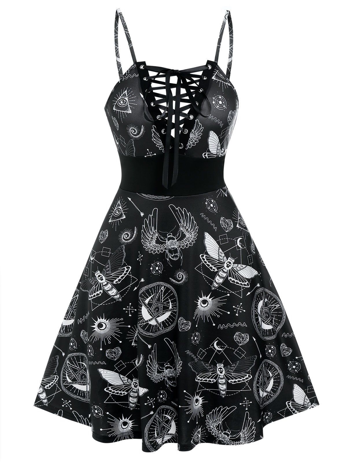 Plunge Lace Up Full Print Dress - BLACK M