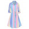 Pastel Ombre Rainbow Rolled Up Sleeve Button Up Shirt Dress