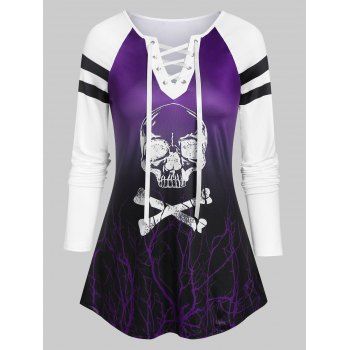 

Halloween Raglan Sleeve Lace Up Skull Print T-shirt, Concord