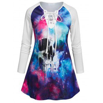 

Halloween Lace Up Raglan Sleeve Skull Print T-shirt, Blue