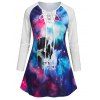 T-shirt d'Halloween à lacets et à manches raglan et imprimé crâne - Bleu XXL