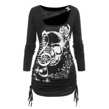 

Skull Musical Note Print Lace Cutout T Shirt, Black