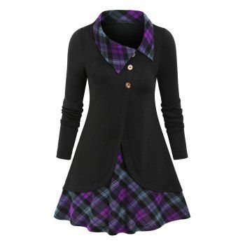 

Plaid Panel Mock Button Asymmetrical Top, Black