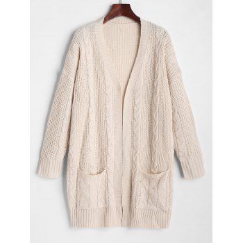 

Cable Knit Patch Pocket Open Front Cardigan, Light coffee