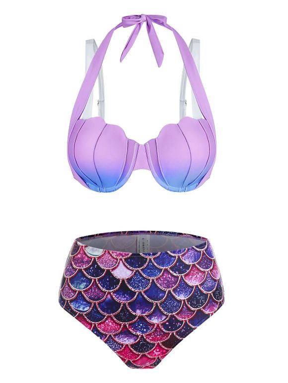 Ensemble de Bikini Ombré Motif de Coquille Imprimé à Taille Haute à Armature - Violet clair 2XL