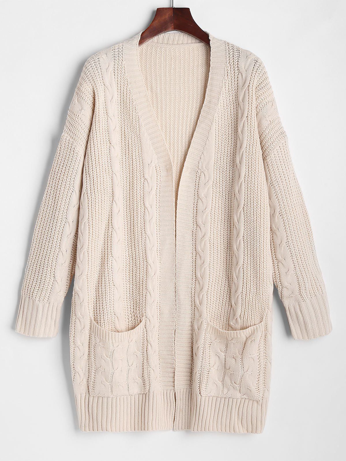 Cable Knit Patch Pocket Open Front Cardigan - LIGHT COFFEE L