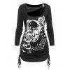 T-shirt Découpé Note de Musique à Imprimé Crâne en Dentelle - Noir XXL