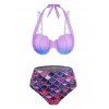 Ombre Bikini Swimsuit Mermaid Print Shell Pattern Swimwear High Waist Underwire Bathing Suit - LIGHT PURPLE XL