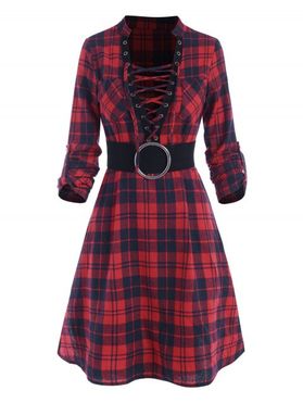 Vintage Plaid Checked Lace Up O Ring Belted Roll Up Sleeve Shirt Dress