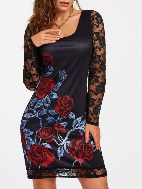 Gothic Flower Print Lace Insert Bodycon Mini Dress