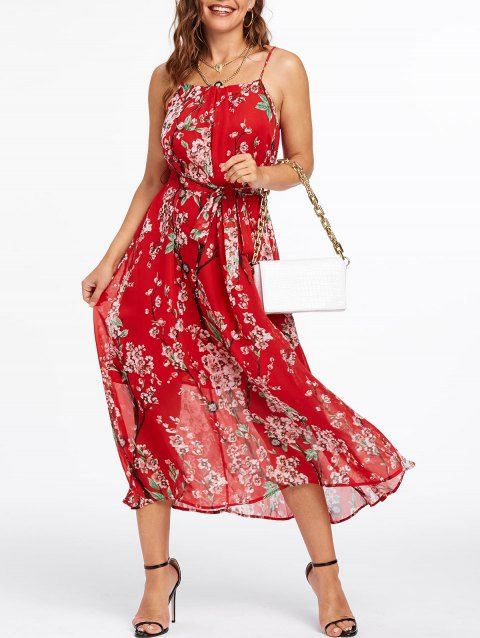 Garden Party Dress Floral Print Midi Dress Spaghetti Strap A Line Dress Belted Chiffon Dress