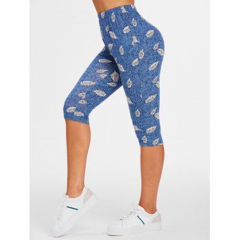 

High Waisted Leaf Print Skinny Capri Pants, Blue