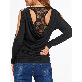 

Flower Lace Insert Cold Shoulder Faux Twinset T-shirt, Black