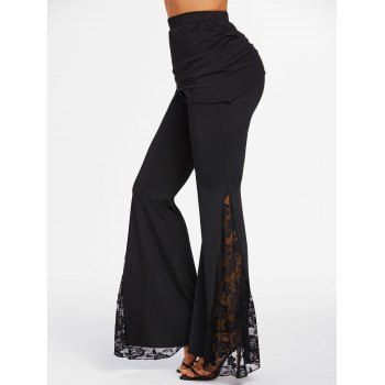 

Flower Lace Insert Skirted Flare Pants, Black