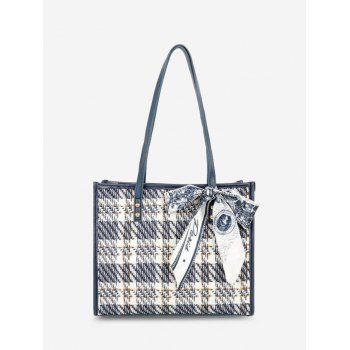 

Tweed Spliced Scarf-Tied Tote Bag, Light blue