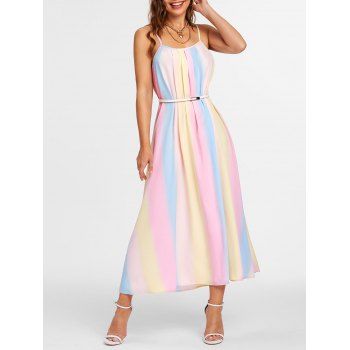 

Rainbow Stripes Print Ruched Spaghetti Strap Tent Midi Dress, Multicolor