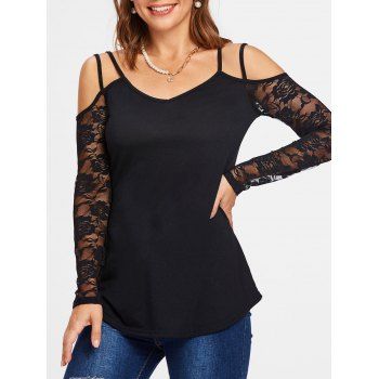 

Cold Shoulder Flower Lace Sleeve T-shirt, Black