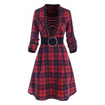 Women Vintage Plaid Checked Lace Up O Ring Belted Roll Up Sleeve Shirt Dress Clothing Xxl Red