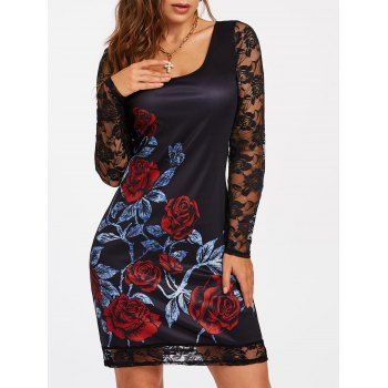 

Gothic Flower Print Lace Insert Bodycon Mini Dress, Black