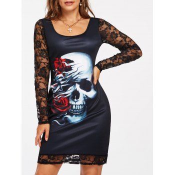 

Gothic Flower Print Lace Insert Bodycon Mini Dress, Multicolor