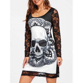 

Skull Print Lace Insert Sheath Dress, Black