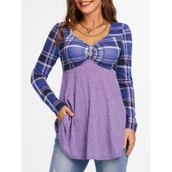 

High Waist Flare Plaid Printed T Shirt, Light purple