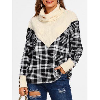 

Plaid Turtleneck Mixed Media Sweater, White