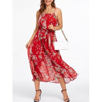 

Garden Party Dress Floral Print Midi Dress Spaghetti Strap A Line Dress Belted Chiffon Beach Dress, Red