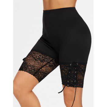 

High Waisted Lace Insert Lace-up Short Leggings, Black