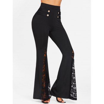 

Lace Panel High Waist Bell Bottom Pants, Black