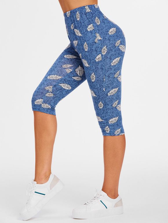 Pantalon Capri Moulant à Imprimé Feuilles à Taille Haute - Bleu M